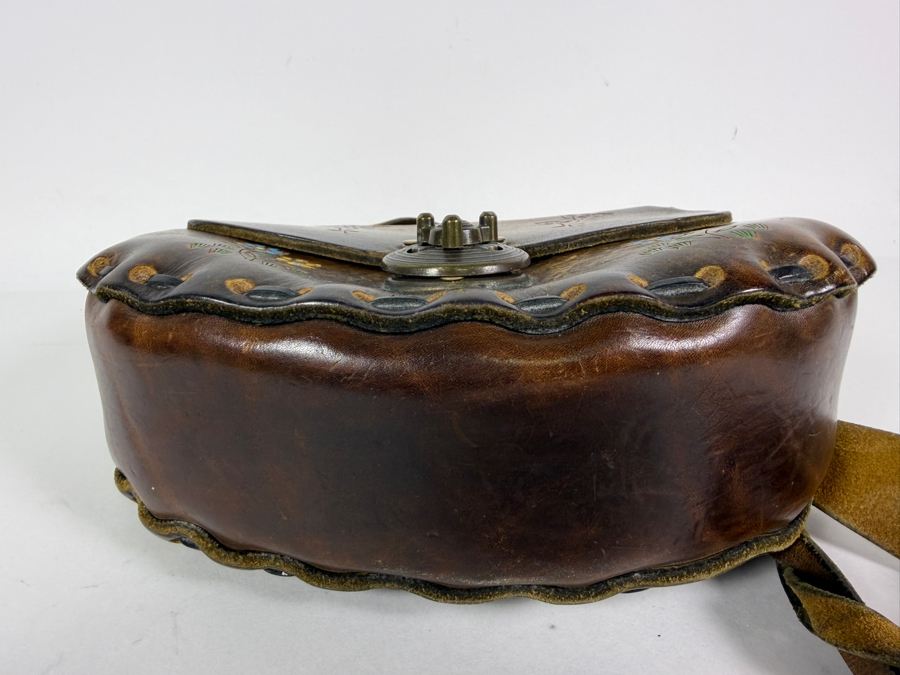 Just Added - Vintage Valhalla Leather And Gifts Solvang Calif Hand Tooled Hand Painted Floral Motif Leather Saddle Bag Hippie Boho Shoulder Purse With Brass Turn Lock Clasp 9'W [Photo 4]