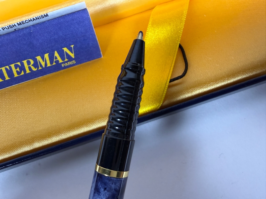 Just Added - Vintage Waterman Laureat I Blue Marble Lacquer And Gold Trim Capped Rollerball Pen New In Box Made In France [Photo 4]