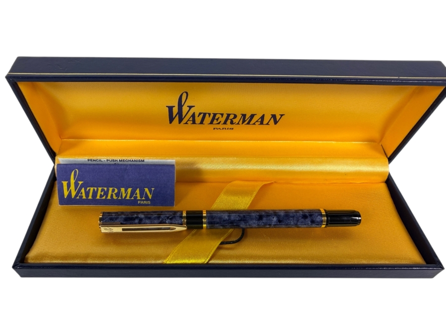 Just Added - Vintage Waterman Laureat I Blue Marble Lacquer And Gold Trim Capped Rollerball Pen New In Box Made In France