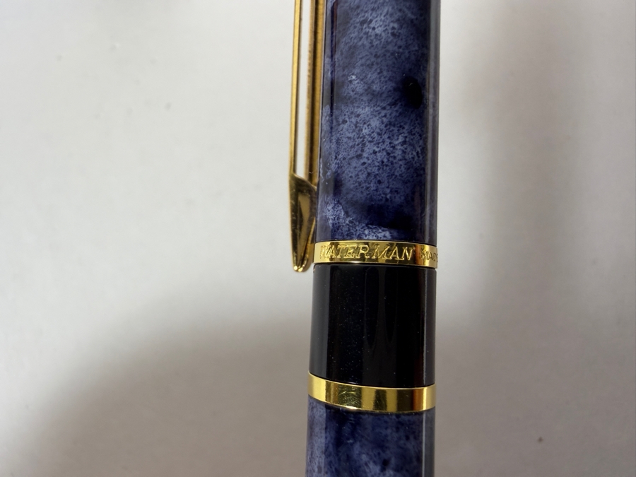 Just Added - Vintage Waterman Laureat I Blue Marble Lacquer And Gold Trim Capped Rollerball Pen New In Box Made In France [Photo 6]