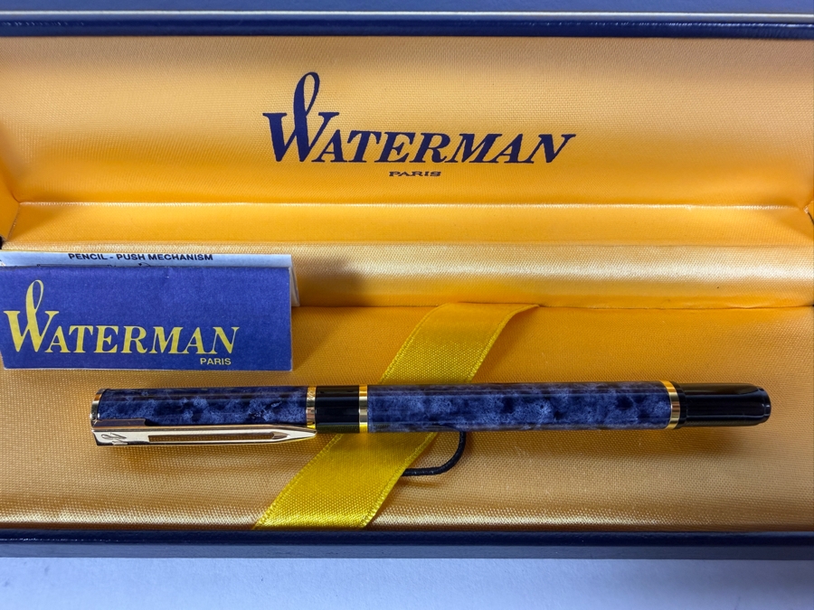 Just Added - Vintage Waterman Laureat I Blue Marble Lacquer And Gold Trim Capped Rollerball Pen New In Box Made In France [Photo 3]