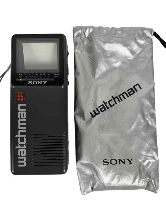 Just Added - Vintage Sony Watchman FD-2A Portable Handheld Black And White Flat Screen CRT Television Mini TV With Original Silver Carrying Pouch Made In Japan