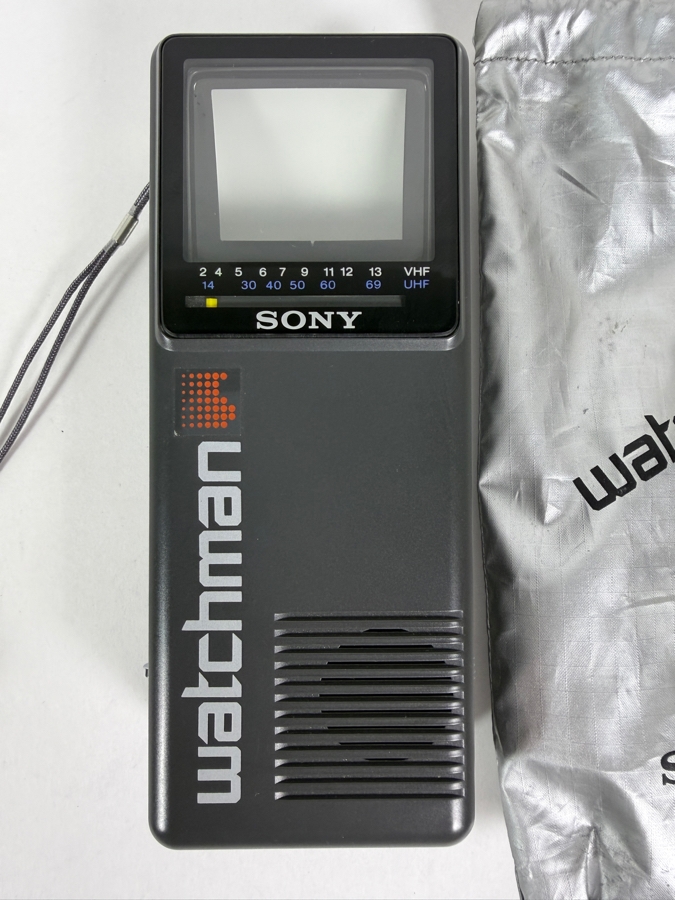 Just Added - Vintage Sony Watchman FD-2A Portable Handheld Black And White Flat Screen CRT Television Mini TV With Original Silver Carrying Pouch Made In Japan [Photo 2]