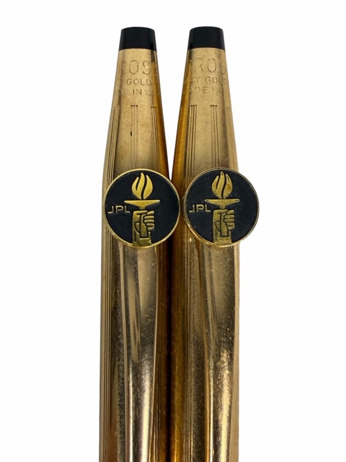 Just Added - Pair of Vintage Cross 1/20 14K Gold Filled Presentation Pens Engraved For 30 Years Of Service To Dr. R. C. Tausworthe With Custom Jet Propulsion Laboratory Logo Emblem Clip [Photo 2]