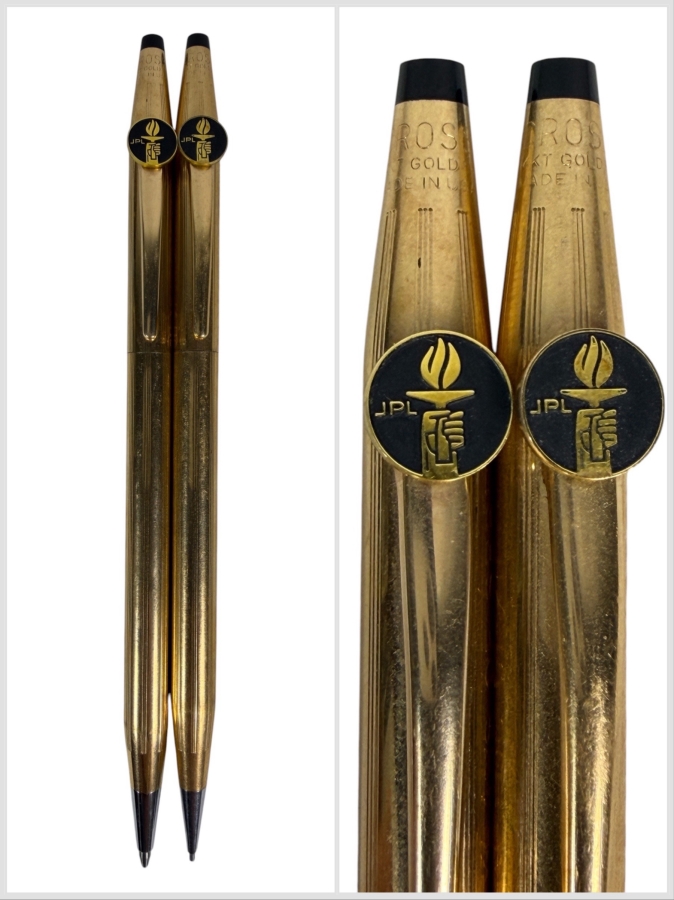 Just Added - Pair of Vintage Cross 1/20 14K Gold Filled Presentation Pens Engraved For 30 Years Of Service To Dr. R. C. Tausworthe With Custom Jet Propulsion Laboratory Logo Emblem Clip