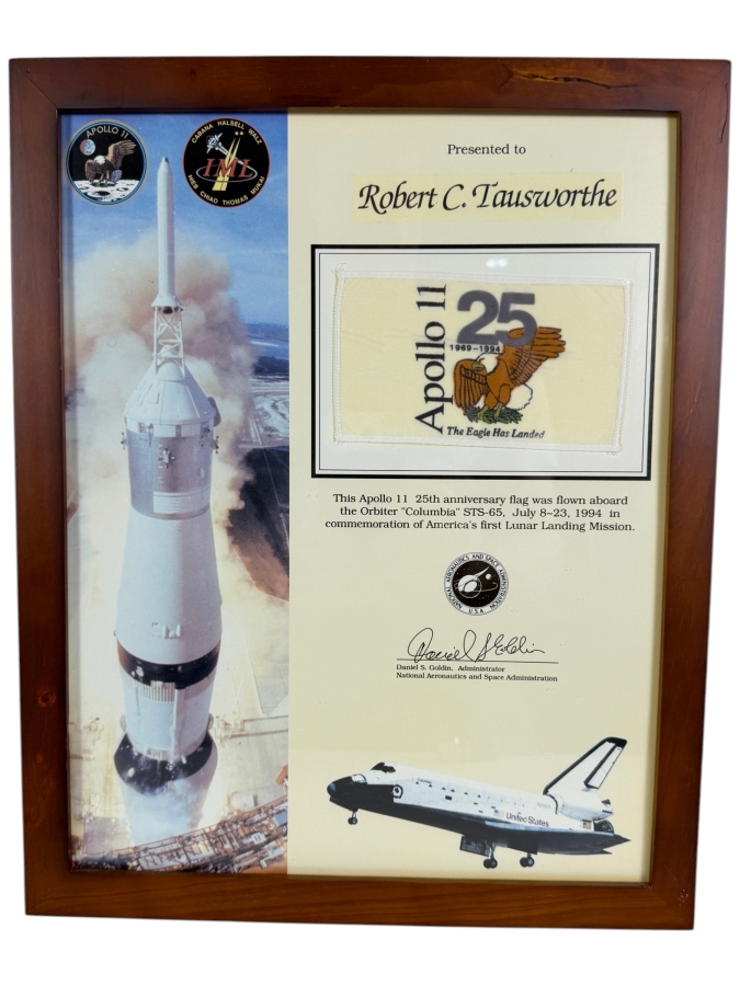 Just Added - NASA Apollo 11 Twenty-Fifth Anniversary Flown Flag Presentation Award Awarded To Robert C. Tausworthe Flag Flown Aboard Space Shuttle Columbia STS-Sixty-Five Mission from July 8 to July 23, 1994