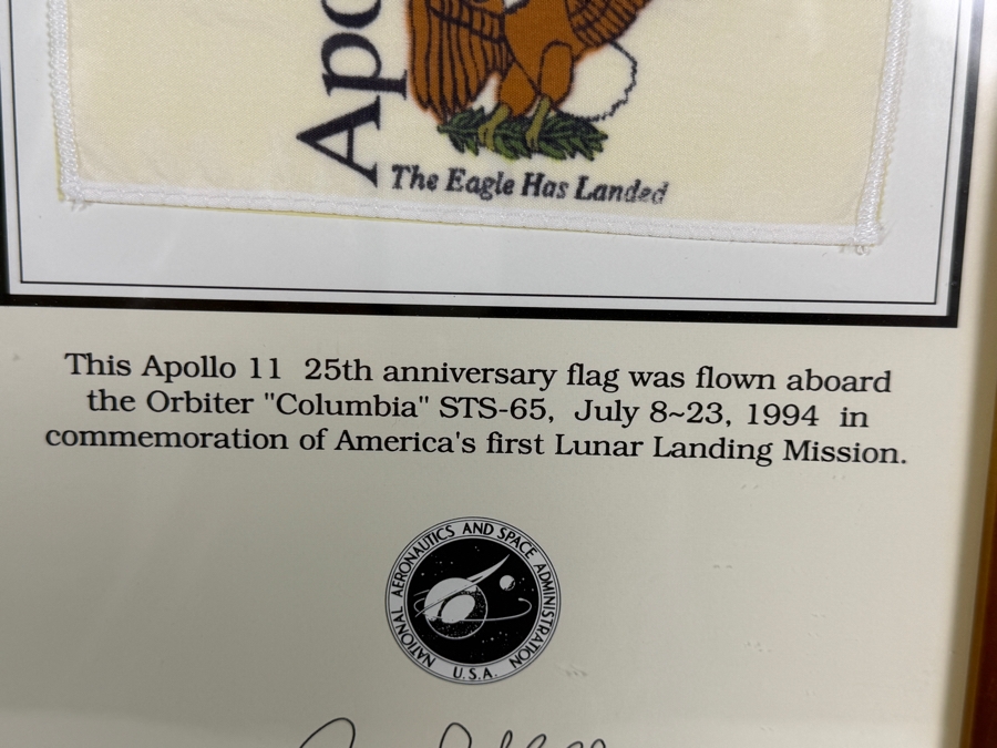 Just Added - NASA Apollo 11 Twenty-Fifth Anniversary Flown Flag Presentation Award Awarded To Robert C. Tausworthe Flag Flown Aboard Space Shuttle Columbia STS-Sixty-Five Mission from July 8 to July 23, 1994 [Photo 4]