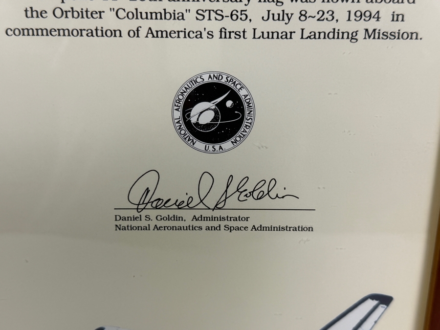 Just Added - NASA Apollo 11 Twenty-Fifth Anniversary Flown Flag Presentation Award Awarded To Robert C. Tausworthe Flag Flown Aboard Space Shuttle Columbia STS-Sixty-Five Mission from July 8 to July 23, 1994 [Photo 5]