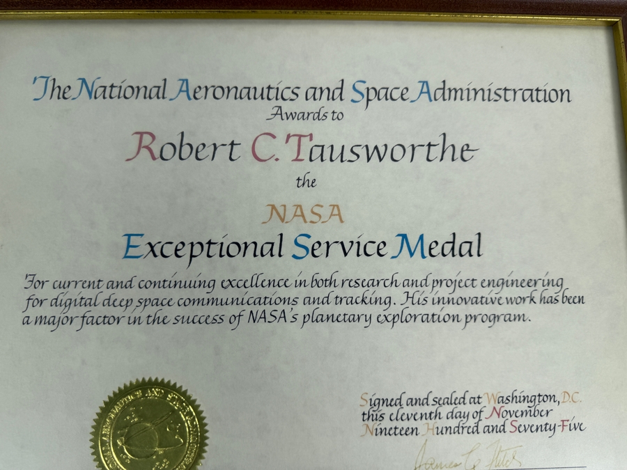 Just Added - RARE Vintage 1975 NASA Exceptional Service Medal in Original Box with Framed NASA Signed Certificate Presented to Robert C. Tausworthe with Original 1975 NASA Annual Awards Ceremony Program Presenting the Award to Dr. Tausworthe [Photo 13]