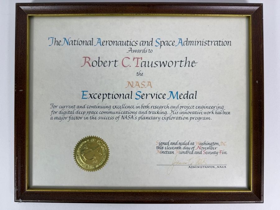 Just Added - RARE Vintage 1975 NASA Exceptional Service Medal in Original Box with Framed NASA Signed Certificate Presented to Robert C. Tausworthe with Original 1975 NASA Annual Awards Ceremony Program Presenting the Award to Dr. Tausworthe [Photo 10]