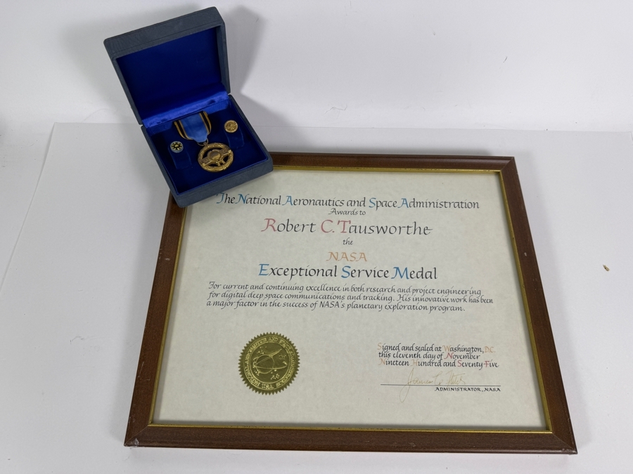 Just Added - RARE Vintage 1975 NASA Exceptional Service Medal in Original Box with Framed NASA Signed Certificate Presented to Robert C. Tausworthe with Original 1975 NASA Annual Awards Ceremony Program Presenting the Award to Dr. Tausworthe [Photo 14]