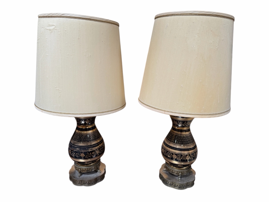 Just Added -  Pair of Vintage Mid-Century Black & Gold Painted Glass Lamps with Brass Base 33'H [Photo 2]