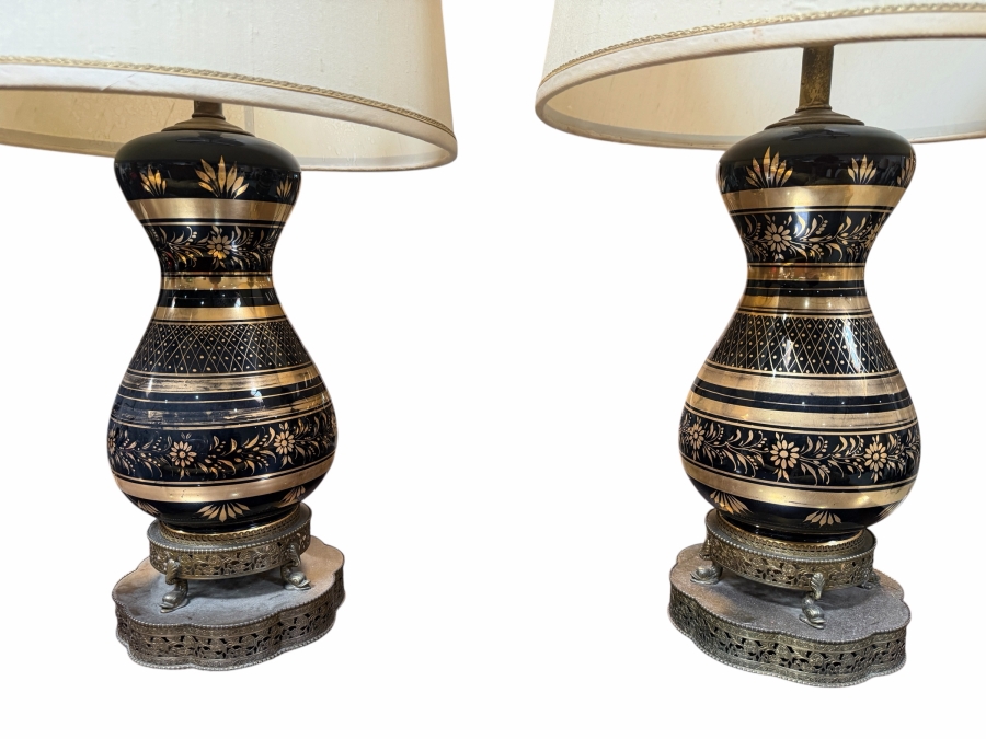 Just Added -  Pair of Vintage Mid-Century Black & Gold Painted Glass Lamps with Brass Base 33'H