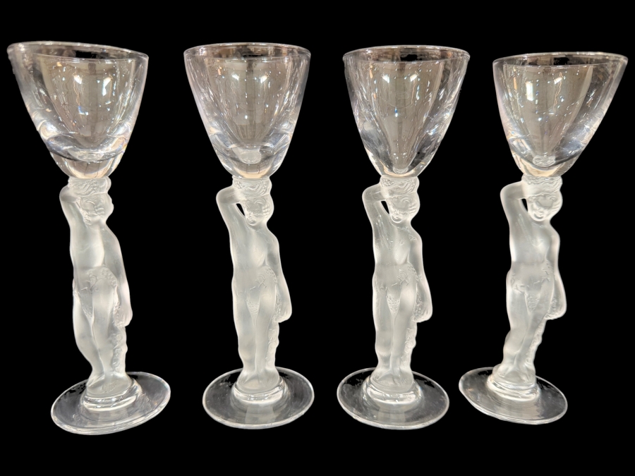 Just Added - (4) Vintage French Bayel Crystal 'Bacchus' Cordial Liqueur Glasses 6'H