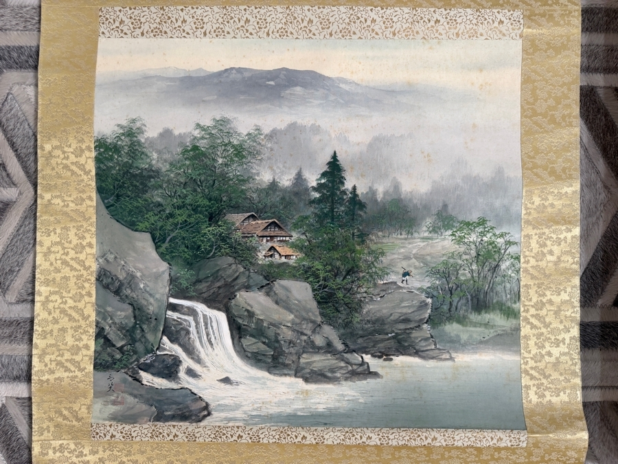 Just Added - Vintage Japanese Hanging Scroll Painting Signed with Original Scroll Box 20' X 8' [Photo 4]