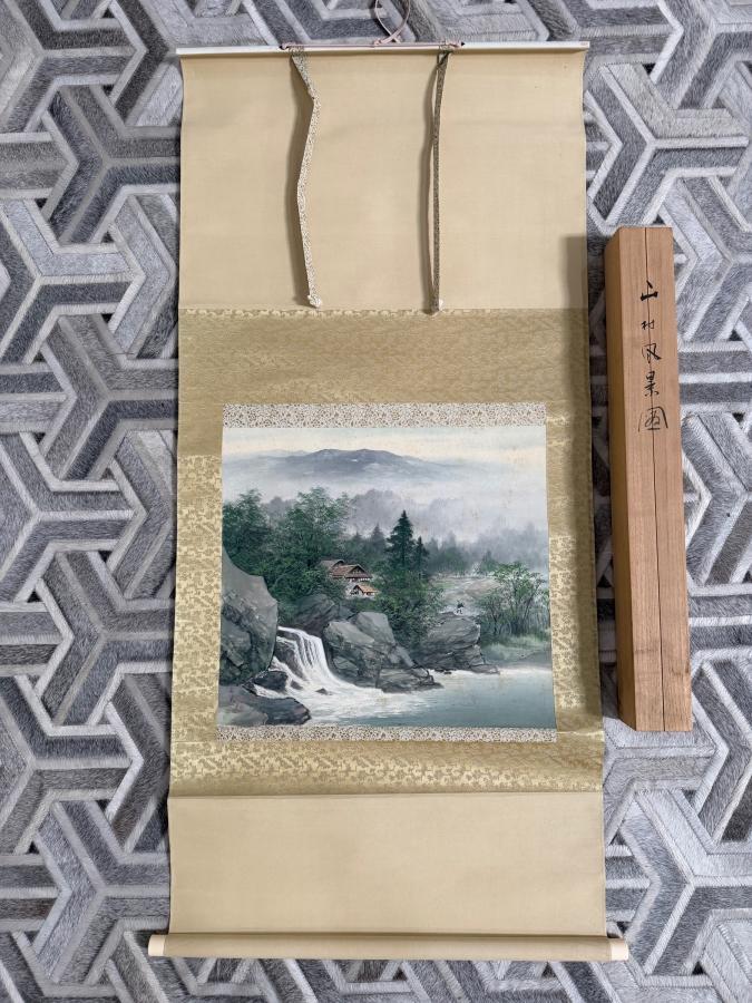 Just Added - Vintage Japanese Hanging Scroll Painting Signed with Original Scroll Box 20' X 8' [Photo 2]