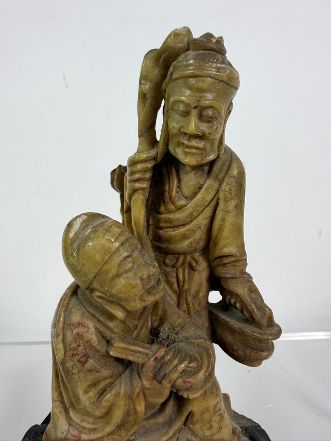  Just Added - Pair of Vintage Chinese Hand-Carved Stone Figures Mounted on Carved Wooden Bases 5'H [Photo 6]