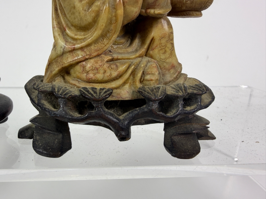  Just Added - Pair of Vintage Chinese Hand-Carved Stone Figures Mounted on Carved Wooden Bases 5'H [Photo 7]