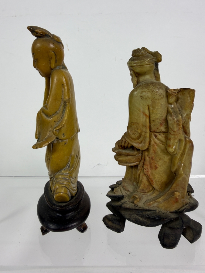  Just Added - Pair of Vintage Chinese Hand-Carved Stone Figures Mounted on Carved Wooden Bases 5'H [Photo 11]