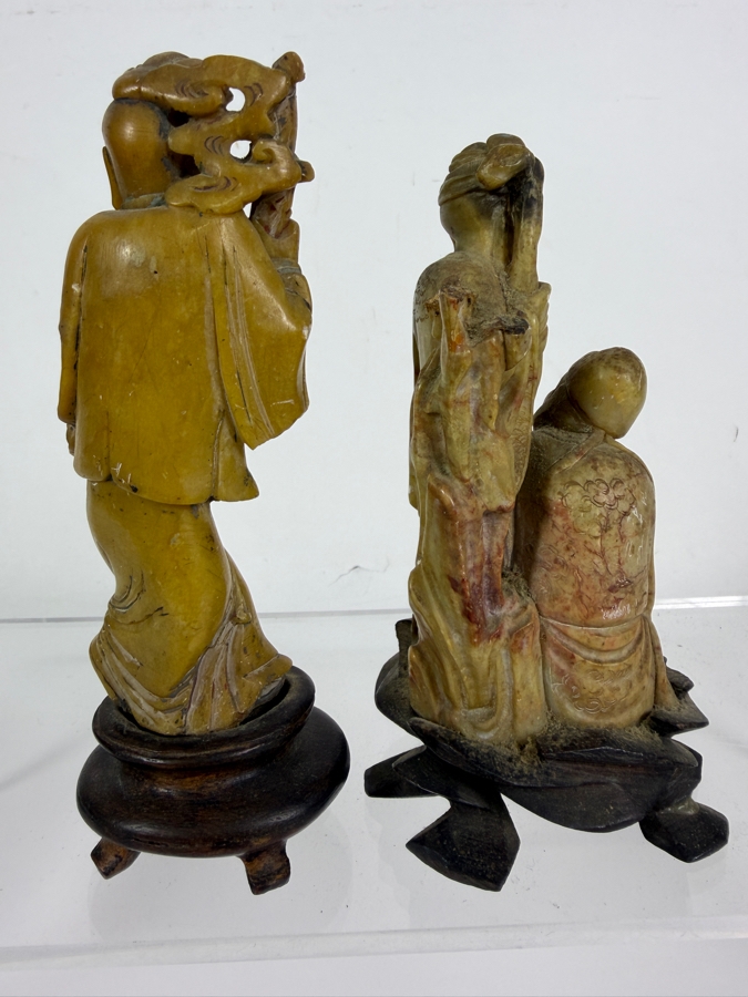  Just Added - Pair of Vintage Chinese Hand-Carved Stone Figures Mounted on Carved Wooden Bases 5'H [Photo 8]