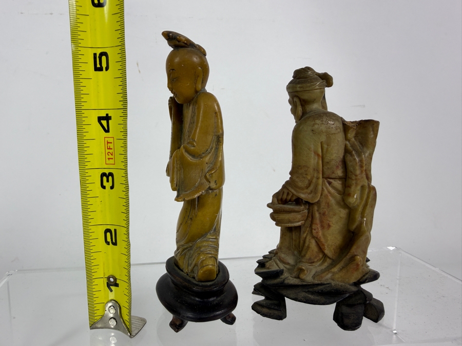  Just Added - Pair of Vintage Chinese Hand-Carved Stone Figures Mounted on Carved Wooden Bases 5'H [Photo 12]