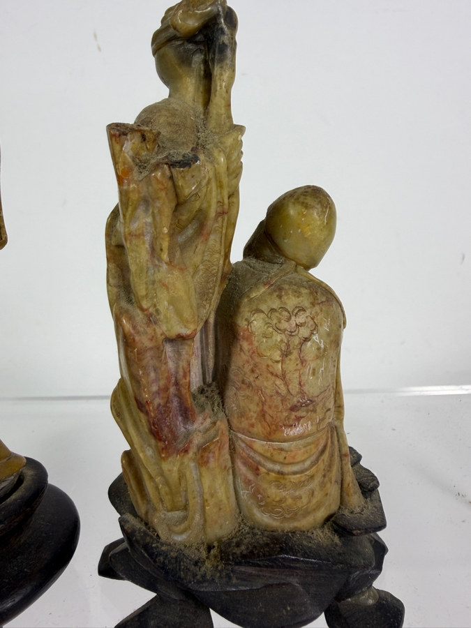  Just Added - Pair of Vintage Chinese Hand-Carved Stone Figures Mounted on Carved Wooden Bases 5'H [Photo 9]