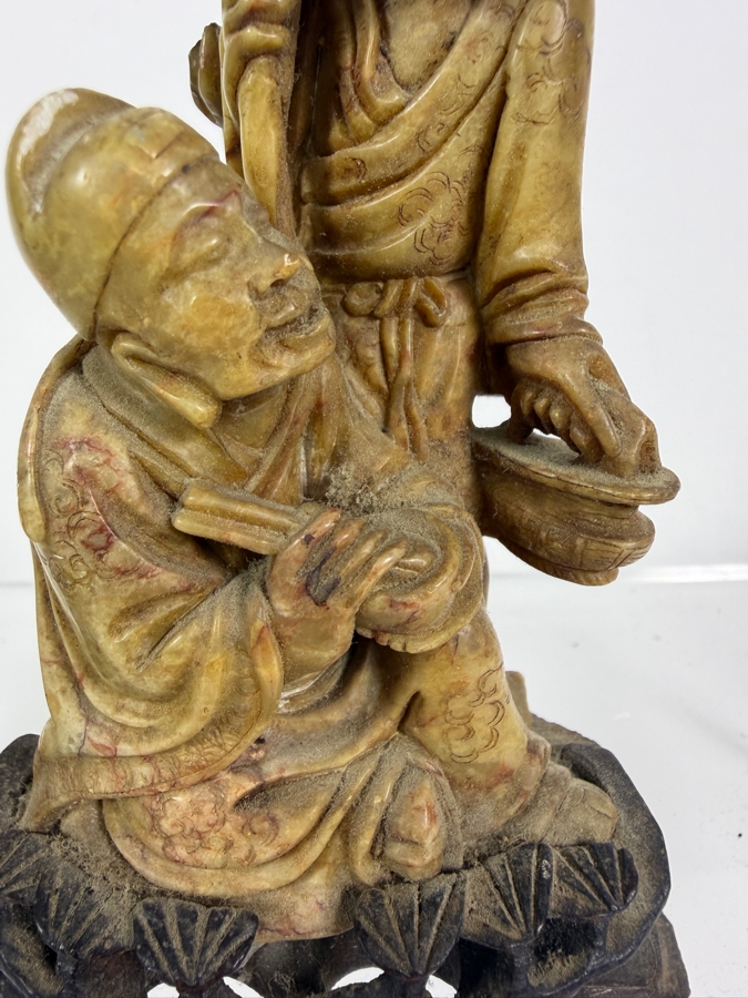  Just Added - Pair of Vintage Chinese Hand-Carved Stone Figures Mounted on Carved Wooden Bases 5'H [Photo 5]