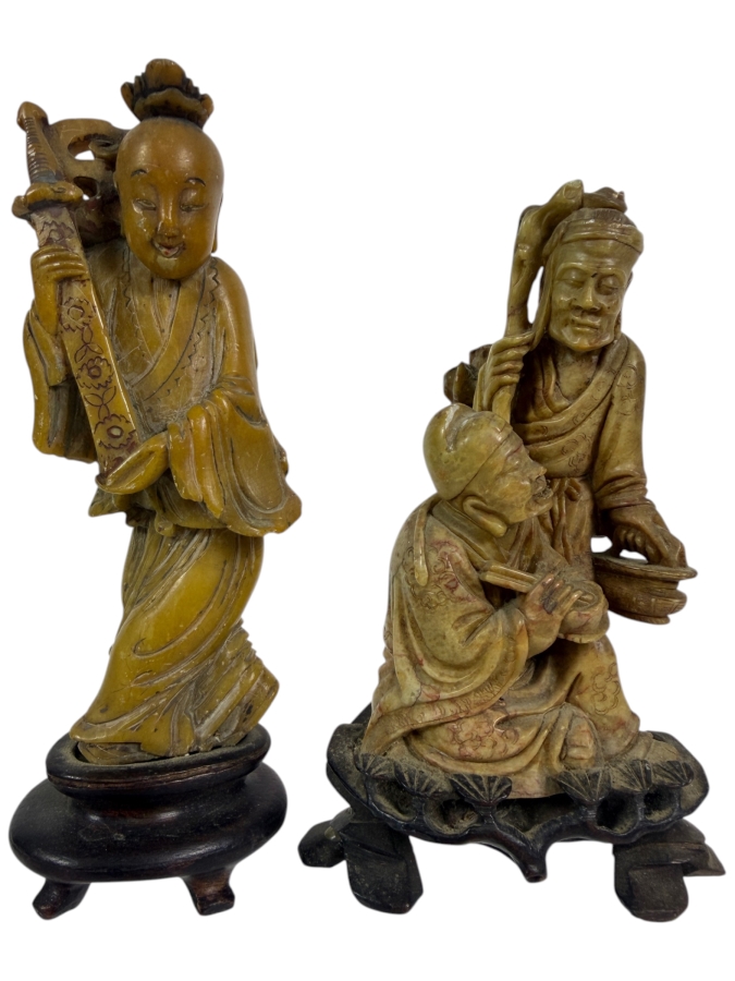  Just Added - Pair of Vintage Chinese Hand-Carved Stone Figures Mounted on Carved Wooden Bases 5'H