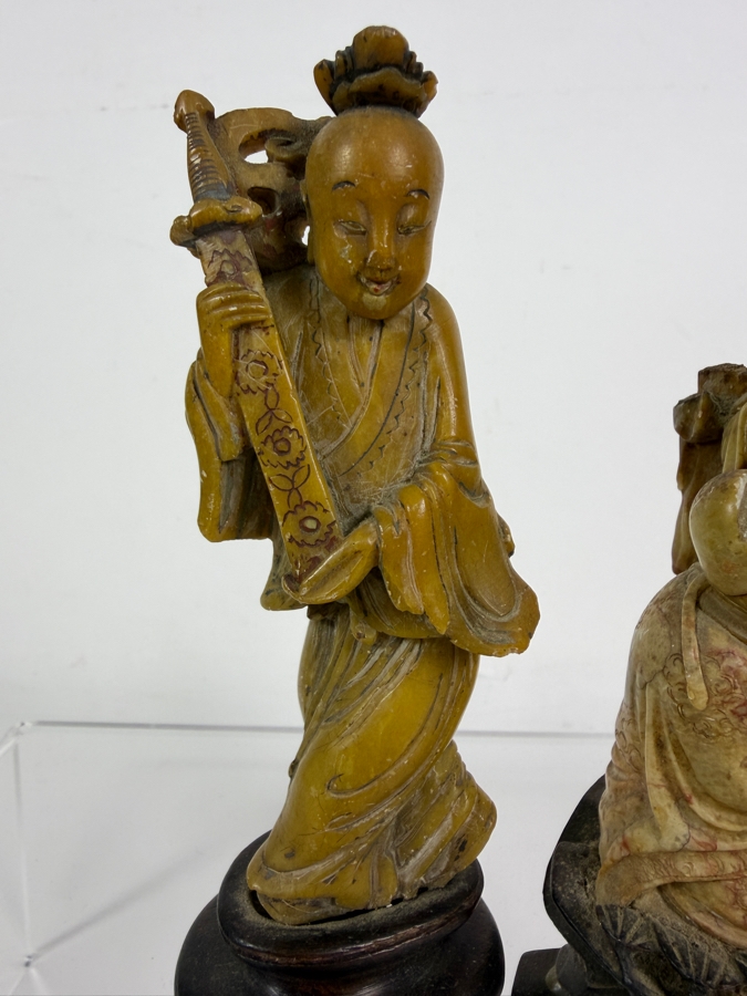  Just Added - Pair of Vintage Chinese Hand-Carved Stone Figures Mounted on Carved Wooden Bases 5'H [Photo 3]
