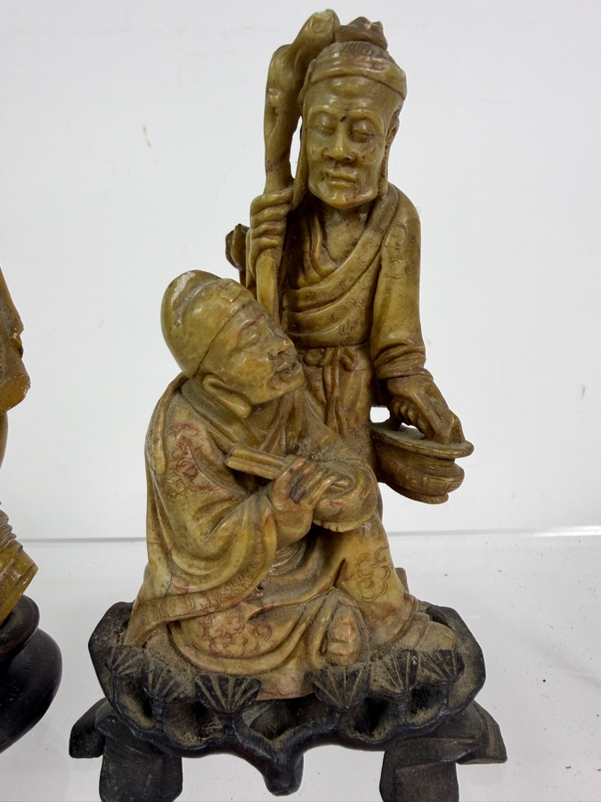  Just Added - Pair of Vintage Chinese Hand-Carved Stone Figures Mounted on Carved Wooden Bases 5'H [Photo 4]
