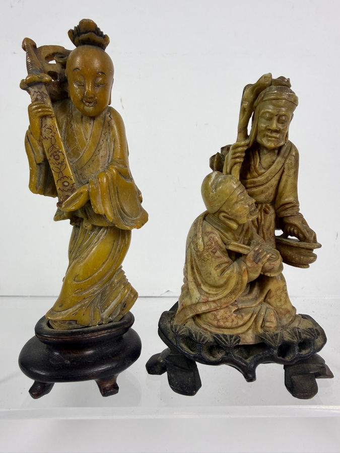  Just Added - Pair of Vintage Chinese Hand-Carved Stone Figures Mounted on Carved Wooden Bases 5'H [Photo 2]