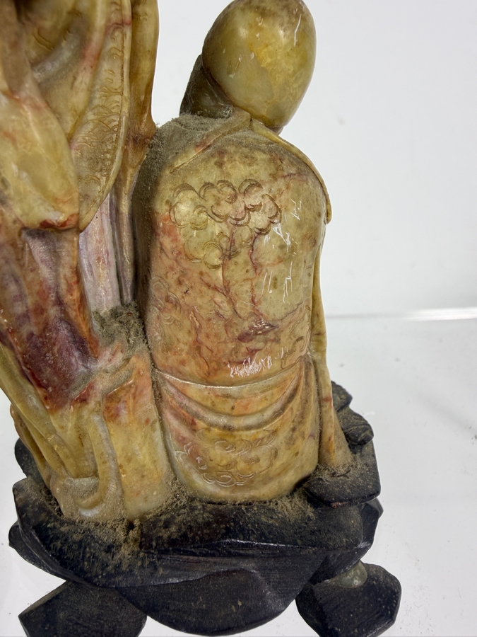  Just Added - Pair of Vintage Chinese Hand-Carved Stone Figures Mounted on Carved Wooden Bases 5'H [Photo 10]