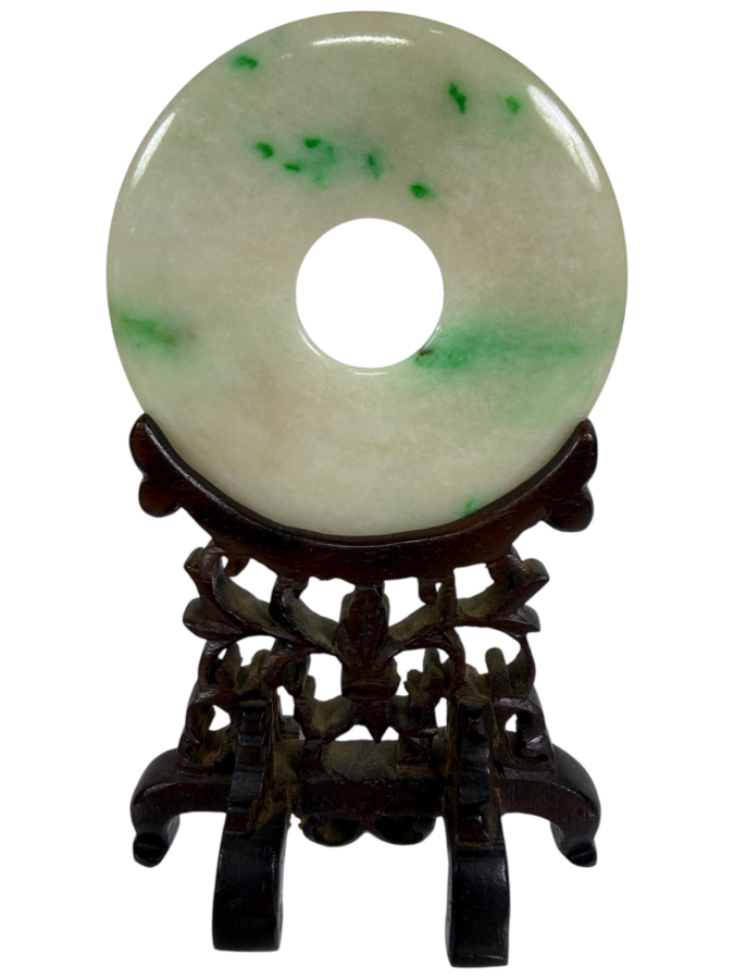 Just Added - Vintage Chinese Carved Jade Bi Disc with Striking Green and White Mottled Color Variations 2 3/8'W  Displayed on an Intricately Carved Wooden Stand 4'H Including Jade and Stand