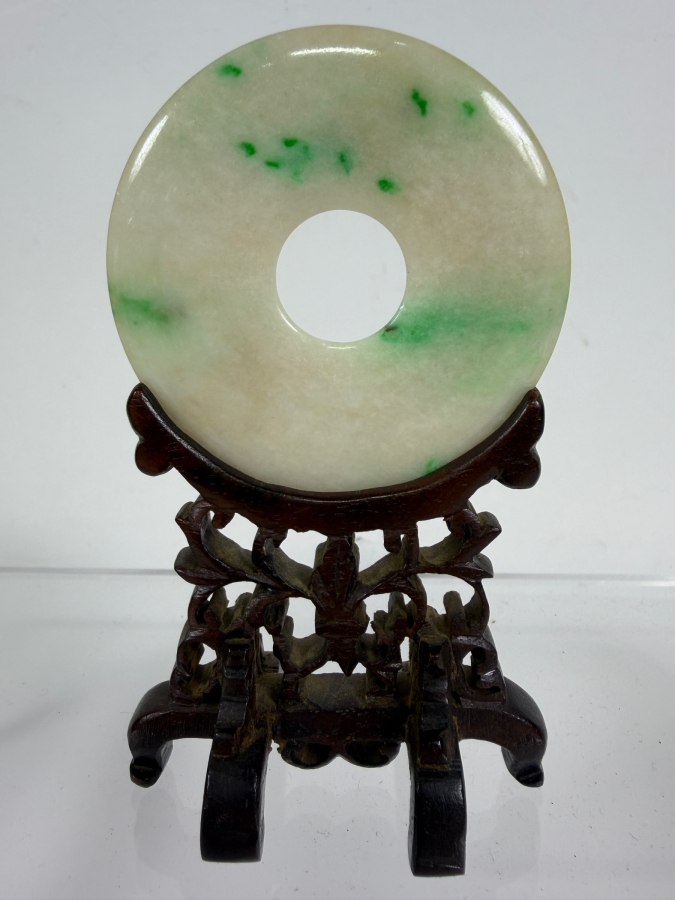 Just Added - Vintage Chinese Carved Jade Bi Disc with Striking Green and White Mottled Color Variations 2 3/8'W  Displayed on an Intricately Carved Wooden Stand 4'H Including Jade and Stand [Photo 2]