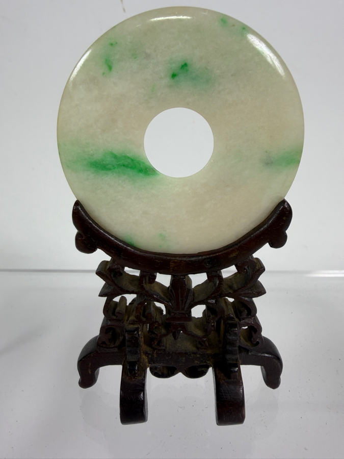 Just Added - Vintage Chinese Carved Jade Bi Disc with Striking Green and White Mottled Color Variations 2 3/8'W  Displayed on an Intricately Carved Wooden Stand 4'H Including Jade and Stand [Photo 7]