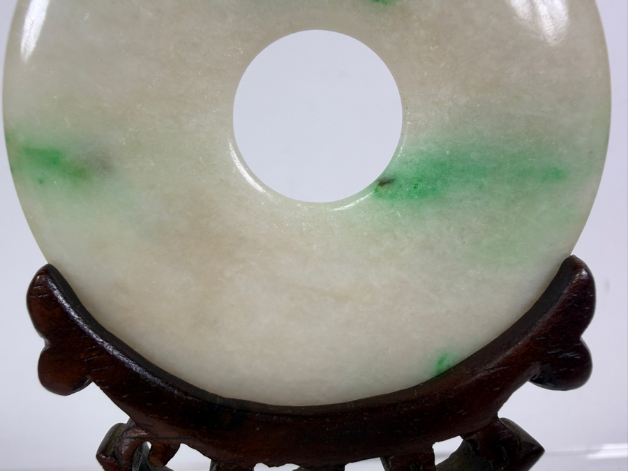 Just Added - Vintage Chinese Carved Jade Bi Disc with Striking Green and White Mottled Color Variations 2 3/8'W  Displayed on an Intricately Carved Wooden Stand 4'H Including Jade and Stand [Photo 6]