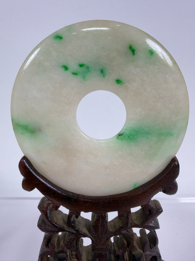 Just Added - Vintage Chinese Carved Jade Bi Disc with Striking Green and White Mottled Color Variations 2 3/8'W  Displayed on an Intricately Carved Wooden Stand 4'H Including Jade and Stand [Photo 4]