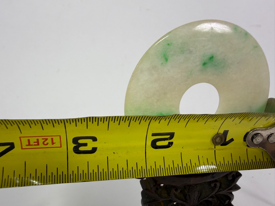 Just Added - Vintage Chinese Carved Jade Bi Disc with Striking Green and White Mottled Color Variations 2 3/8'W  Displayed on an Intricately Carved Wooden Stand 4'H Including Jade and Stand [Photo 8]