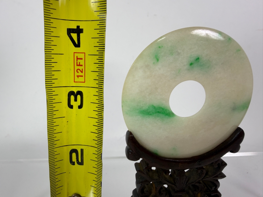 Just Added - Vintage Chinese Carved Jade Bi Disc with Striking Green and White Mottled Color Variations 2 3/8'W  Displayed on an Intricately Carved Wooden Stand 4'H Including Jade and Stand [Photo 9]