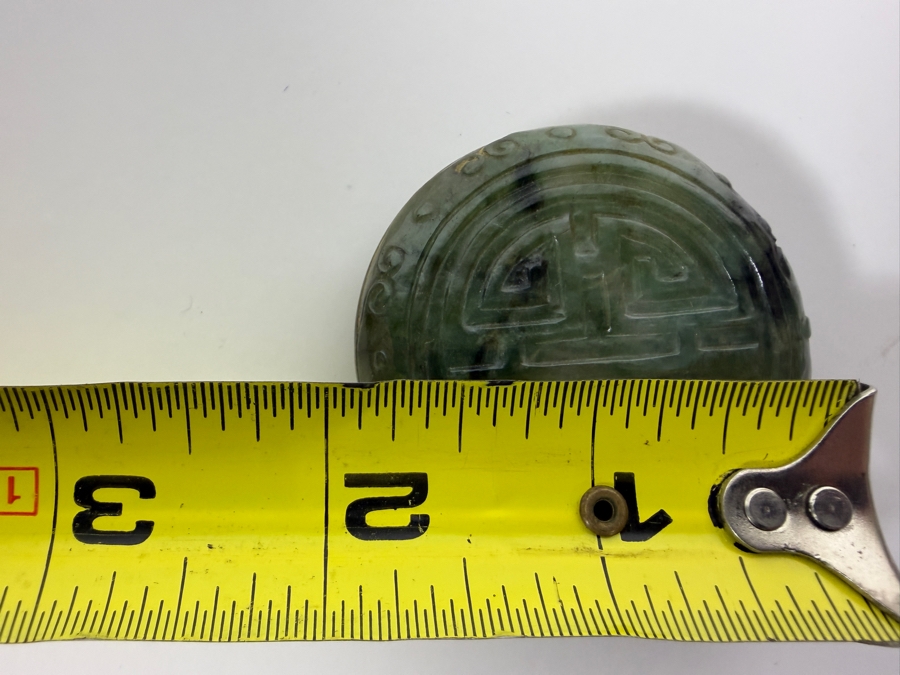 Just Added - Carved Green Jadeite Circular Lidded Box Featuring a Central Shou (Longevity) Symbol Medallion 2 7/8'W [Photo 8]