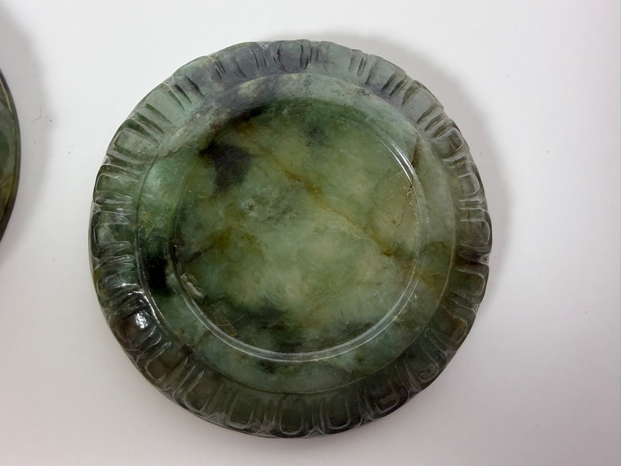 Just Added - Carved Green Jadeite Circular Lidded Box Featuring a Central Shou (Longevity) Symbol Medallion 2 7/8'W [Photo 7]