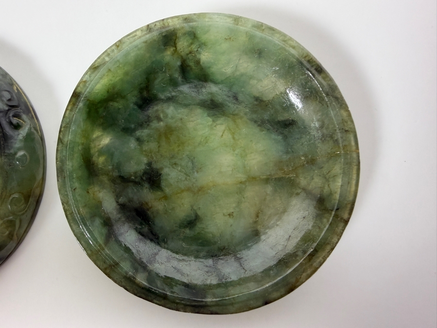 Just Added - Carved Green Jadeite Circular Lidded Box Featuring a Central Shou (Longevity) Symbol Medallion 2 7/8'W [Photo 6]