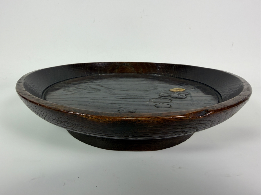 Just Added - Antique Japanese Footed Circular Carved Wooden Sanuki-Bori Wood-Carving Kagawa Prefecture Tray with Inscription on Bottom Possibly Imperial Army Special Command Awarded (Has Chip on Footed Base) 9.5'W X 2 1/8'H  [Photo 6]