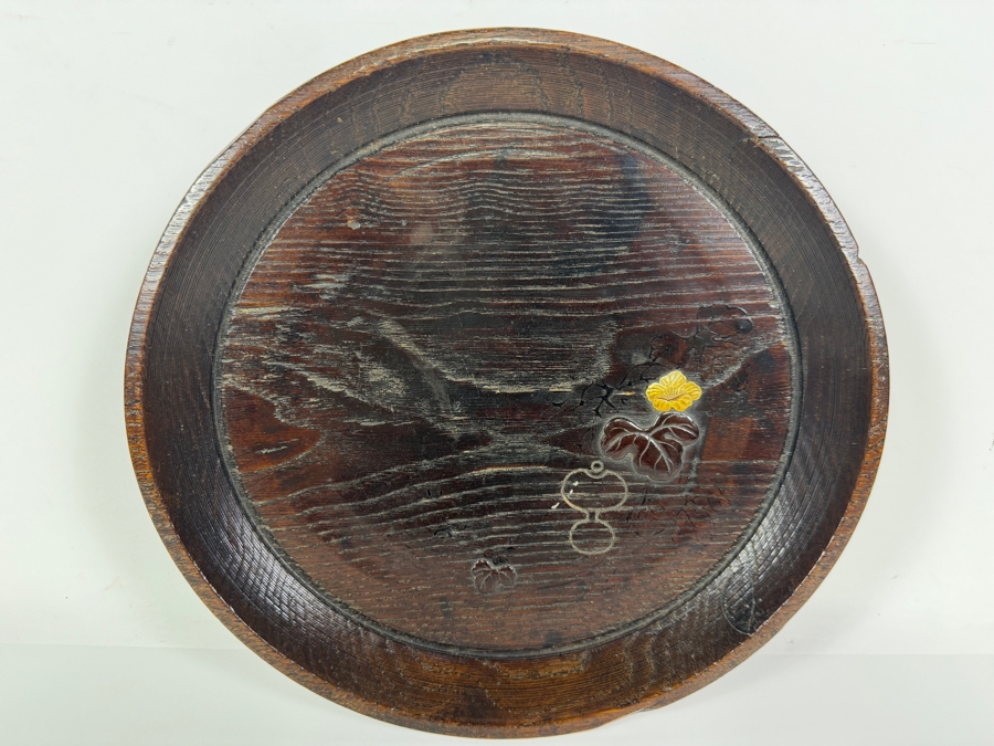 Just Added - Antique Japanese Footed Circular Carved Wooden Sanuki-Bori Wood-Carving Kagawa Prefecture Tray with Inscription on Bottom Possibly Imperial Army Special Command Awarded (Has Chip on Footed Base) 9.5'W X 2 1/8'H  [Photo 2]