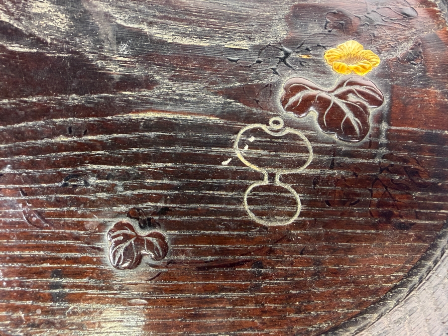 Just Added - Antique Japanese Footed Circular Carved Wooden Sanuki-Bori Wood-Carving Kagawa Prefecture Tray with Inscription on Bottom Possibly Imperial Army Special Command Awarded (Has Chip on Footed Base) 9.5'W X 2 1/8'H  [Photo 5]