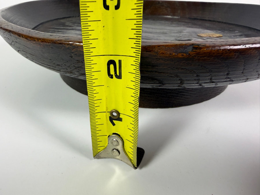 Just Added - Antique Japanese Footed Circular Carved Wooden Sanuki-Bori Wood-Carving Kagawa Prefecture Tray with Inscription on Bottom Possibly Imperial Army Special Command Awarded (Has Chip on Footed Base) 9.5'W X 2 1/8'H  [Photo 19]