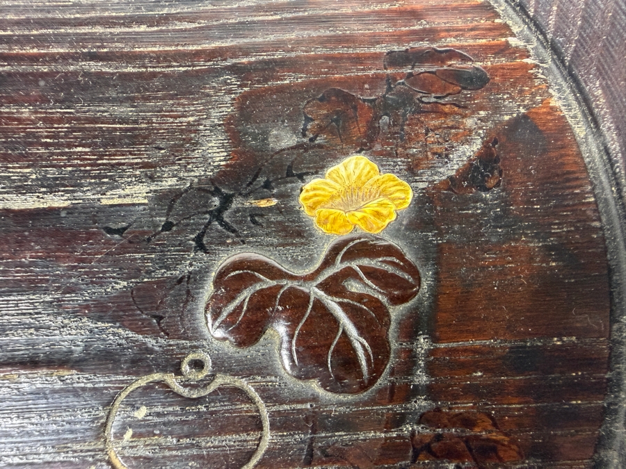 Just Added - Antique Japanese Footed Circular Carved Wooden Sanuki-Bori Wood-Carving Kagawa Prefecture Tray with Inscription on Bottom Possibly Imperial Army Special Command Awarded (Has Chip on Footed Base) 9.5'W X 2 1/8'H  [Photo 4]