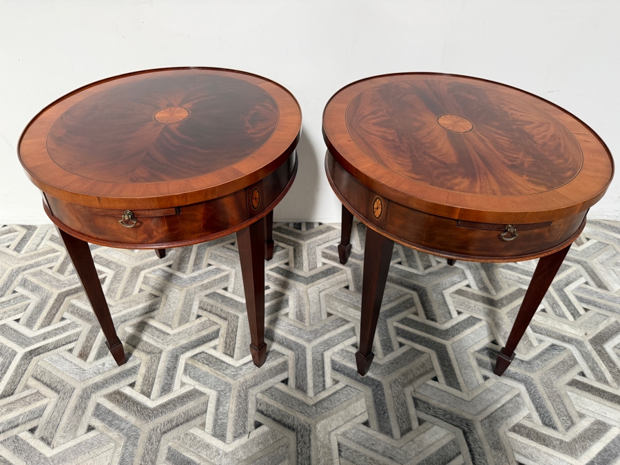 Just Added - Pair of Vintage Hekman Copley Place Oval Lamp Tables Featuring a Striking Flame Mahogany Veneer Top 26W X 22D X 23.5H
 [Photo 5]