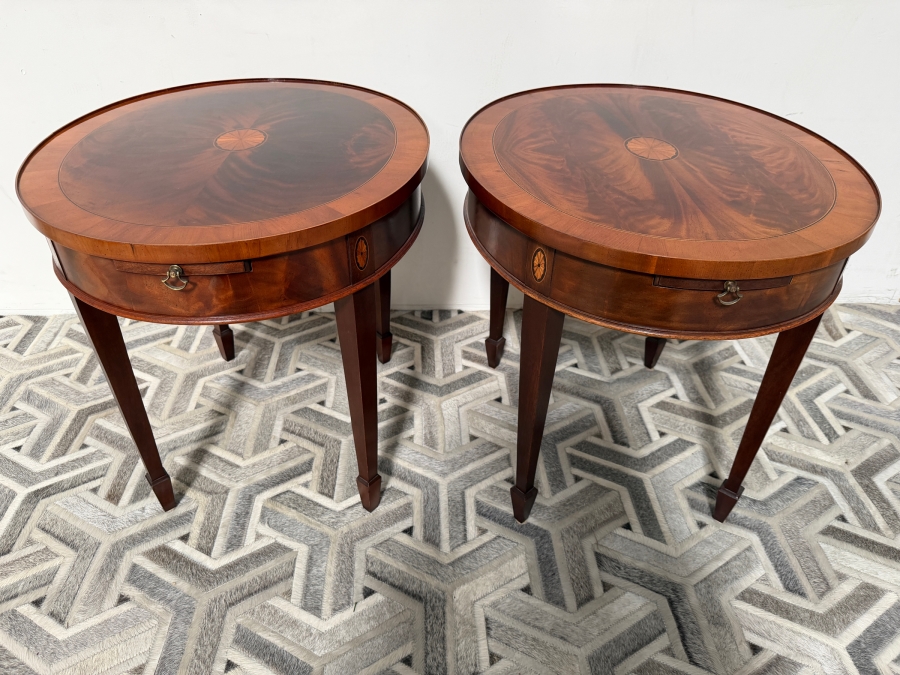 Just Added - Pair of Vintage Hekman Copley Place Oval Lamp Tables Featuring a Striking Flame Mahogany Veneer Top 26W X 22D X 23.5H
 [Photo 2]