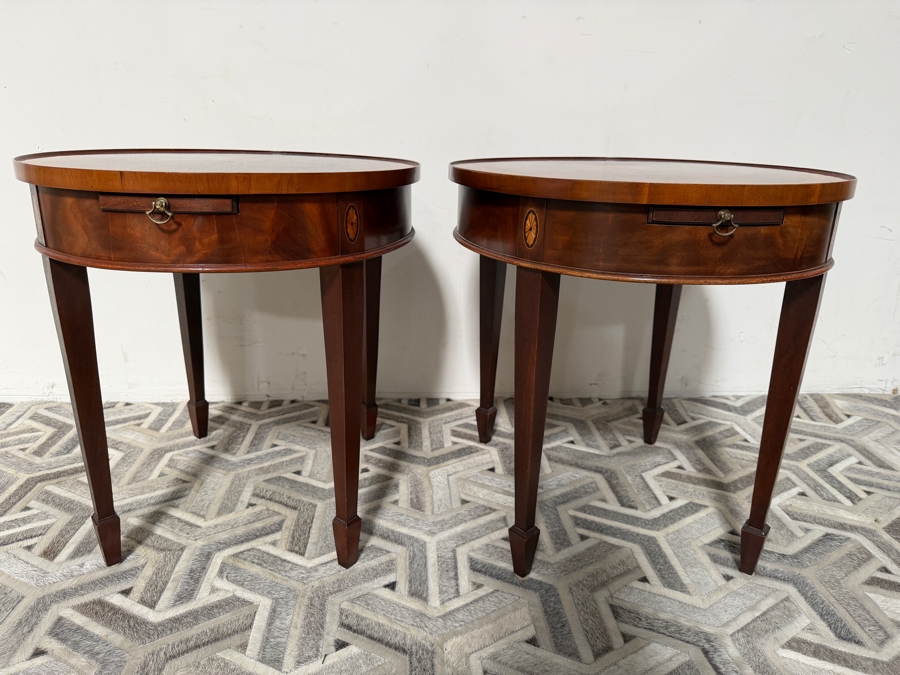 Just Added - Pair of Vintage Hekman Copley Place Oval Lamp Tables Featuring a Striking Flame Mahogany Veneer Top 26W X 22D X 23.5H
 [Photo 3]